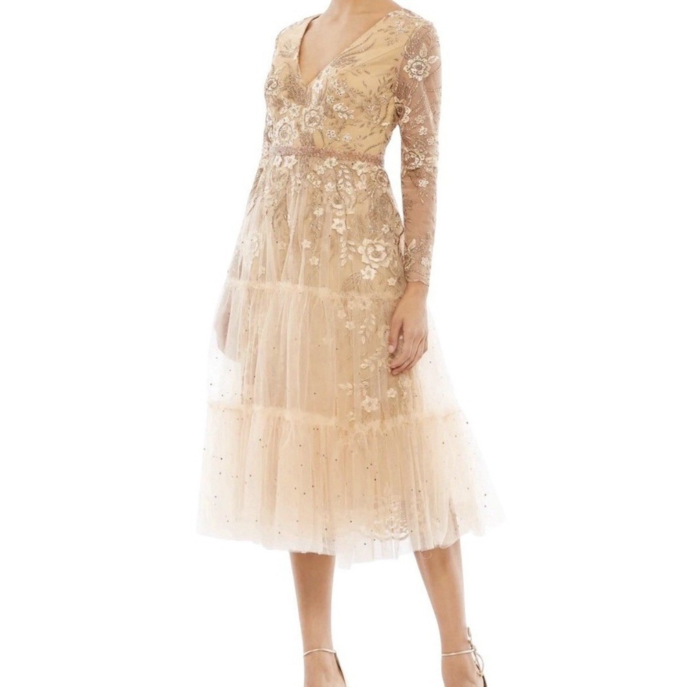 Mac Duggal 67547 Dress Womens 6 Champagne Floral Applique Tiered Tea Length Gown